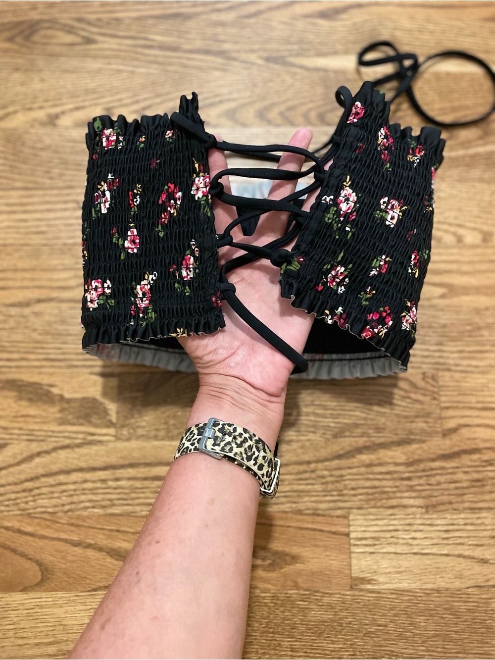 Women’s Black Smocked Floral Crop Top w/lace up back